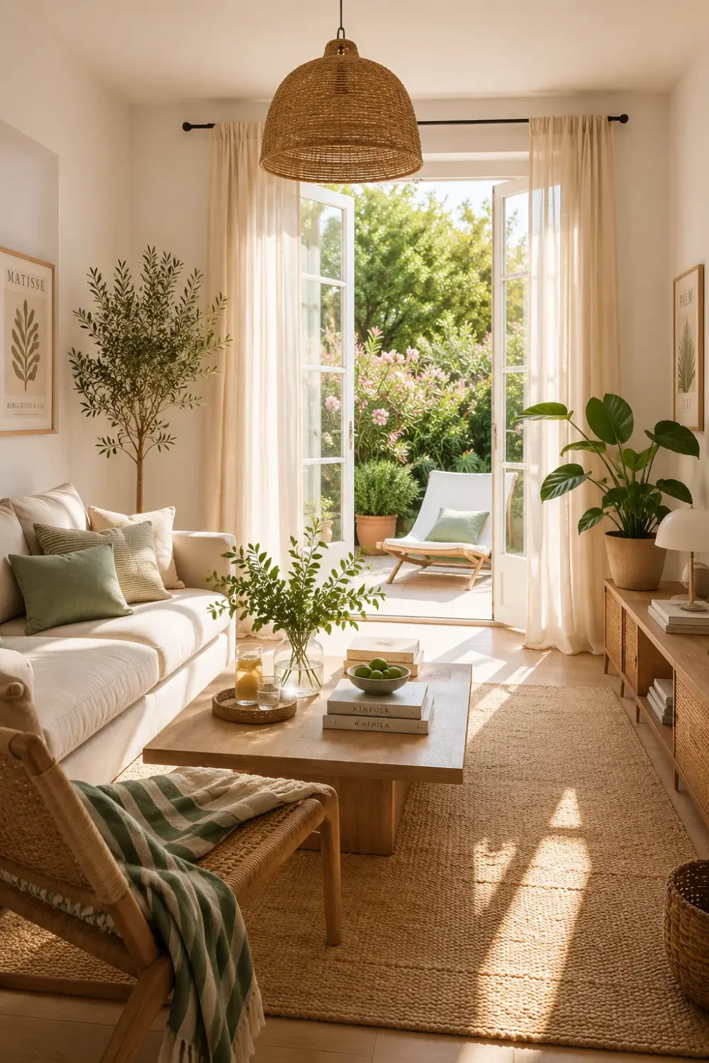 Sunlit summer living room with neutral furniture, natural wood accents, woven textures, indoor plants, and open French doors leading to a lush garden patio.
