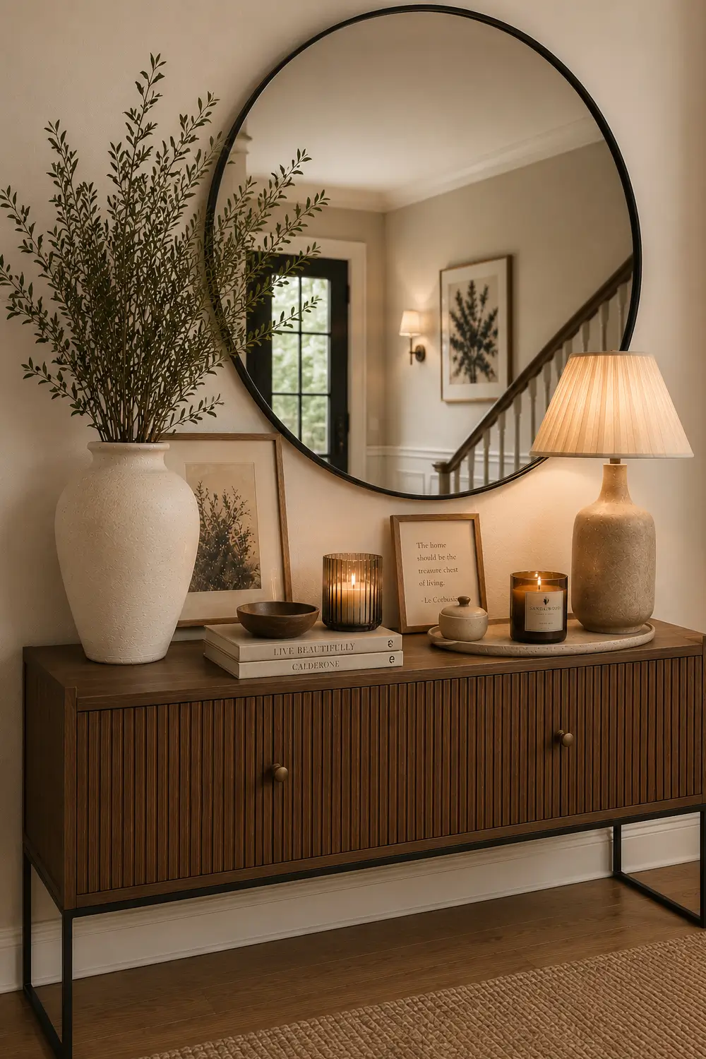 A warm neutral entryway featuring a dark wood slatted console table styled with a large black round mirror, a textured white ceramic vase with tall olive branches, glowing candles, stacked coffee table books, framed art, and a linen table lamp in soft ambient lighting.