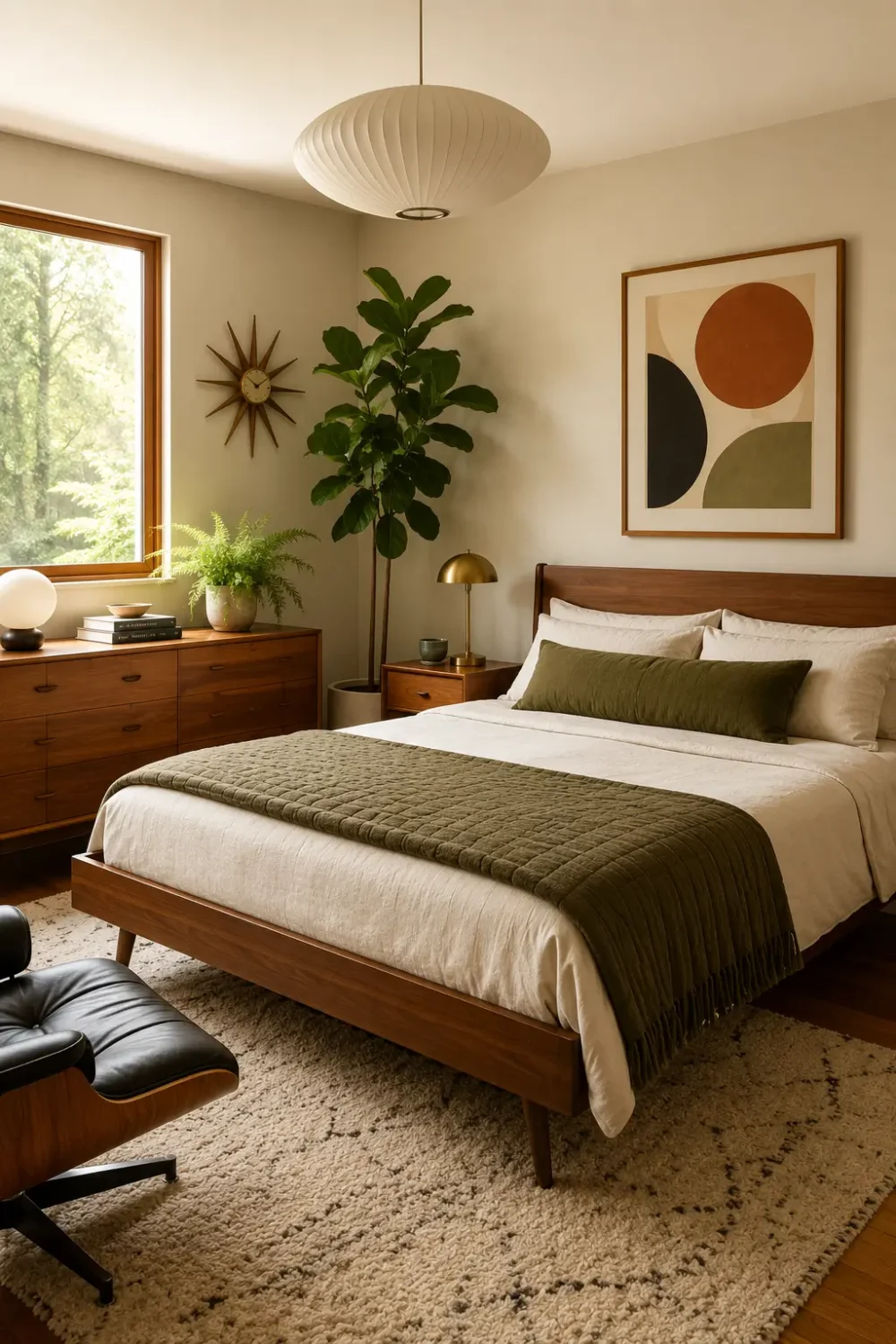 Warm mid-century modern bedroom featuring a walnut wood platform bed, minimalist nightstands, vintage-inspired lighting, abstract wall art, and earthy green accents. Natural sunlight streams through a large window, highlighting the cozy neutral textiles, indoor plants, and timeless mid-century furnishing.