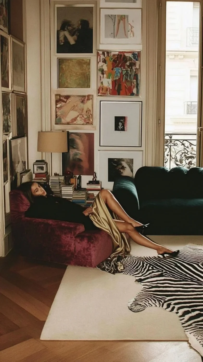Sophisticated Parisian living room with floor-to-ceiling gallery walls, burgundy and deep green velvet seating, a zebra-hide rug, and elegant French windows overlooking a balcony.