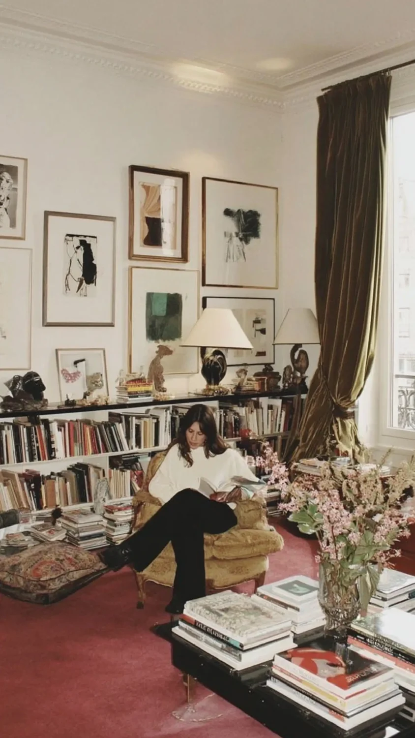 Parisian living room with floor-to-ceiling bookshelves, gallery wall, velvet curtains, and stacked books creating a warm, collected interior inspired by Select'O Paris.