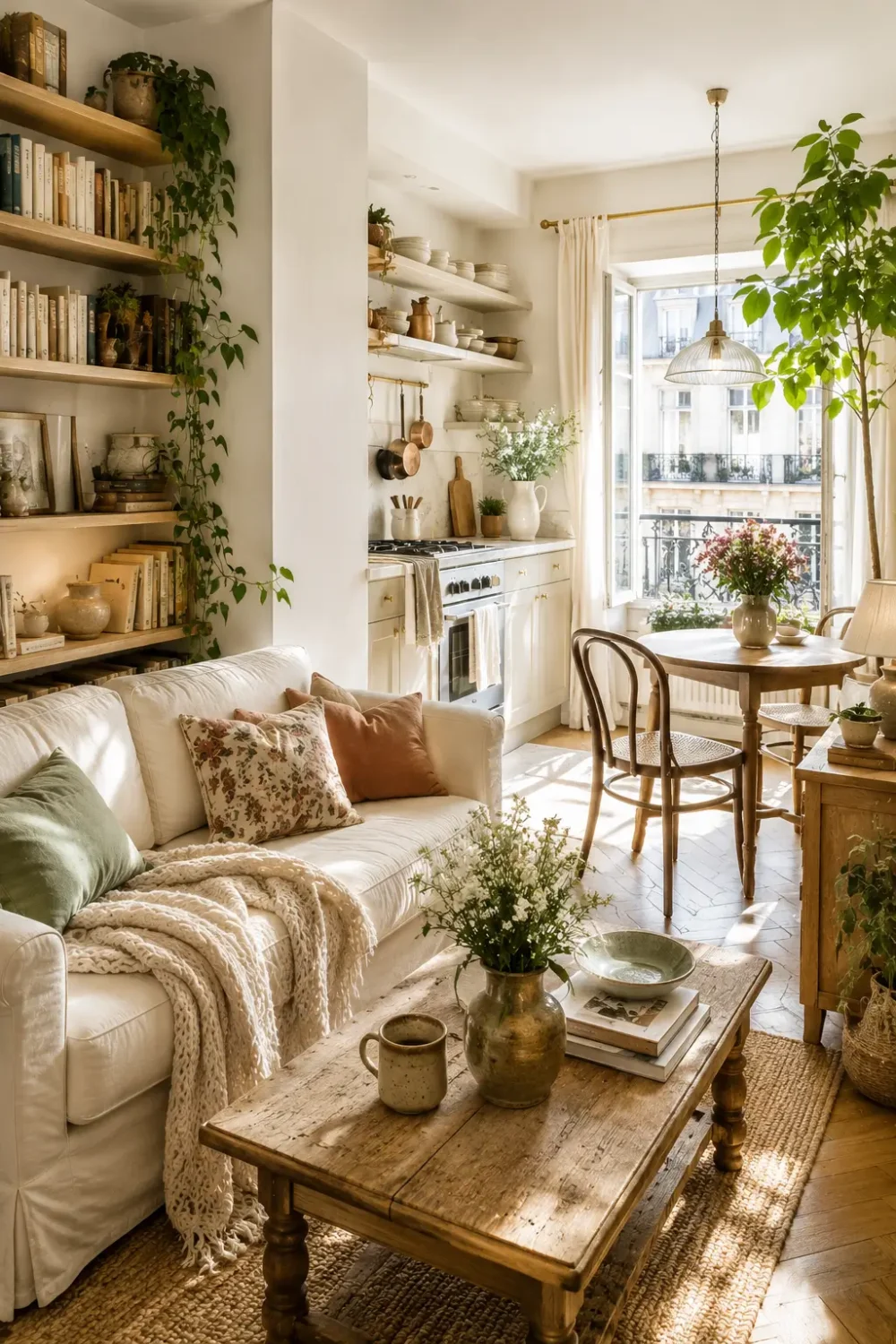 Cozy small apartment with an open-plan living room and kitchen, featuring a white sofa, vintage wooden coffee table, open shelving filled with books and ceramics, abundant houseplants, and warm natural sunlight streaming through large Parisian-style windows. Soft textiles, natural wood furniture, and layered decor create an inviting, lived-in atmosphere.