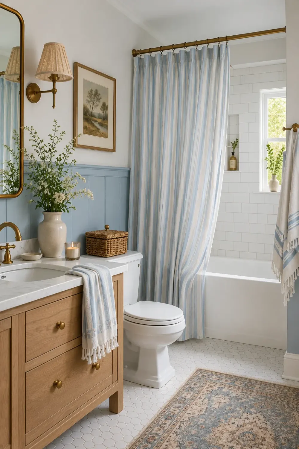 Blue striped bathroom with matching striped shower curtain, blue roller blind, natural wood vanity, brass fixtures, large window and vintage style blue rug.