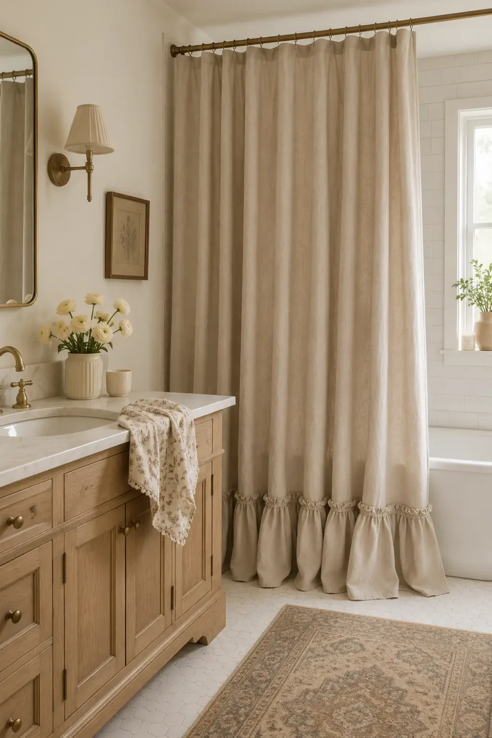 The Butter Mom bathroom features a light oak vanity, brass fixtures, a vintage-style rug, and a floor-to-ceiling shower curtain that adds warmth and softness to the otherwise neutral space.