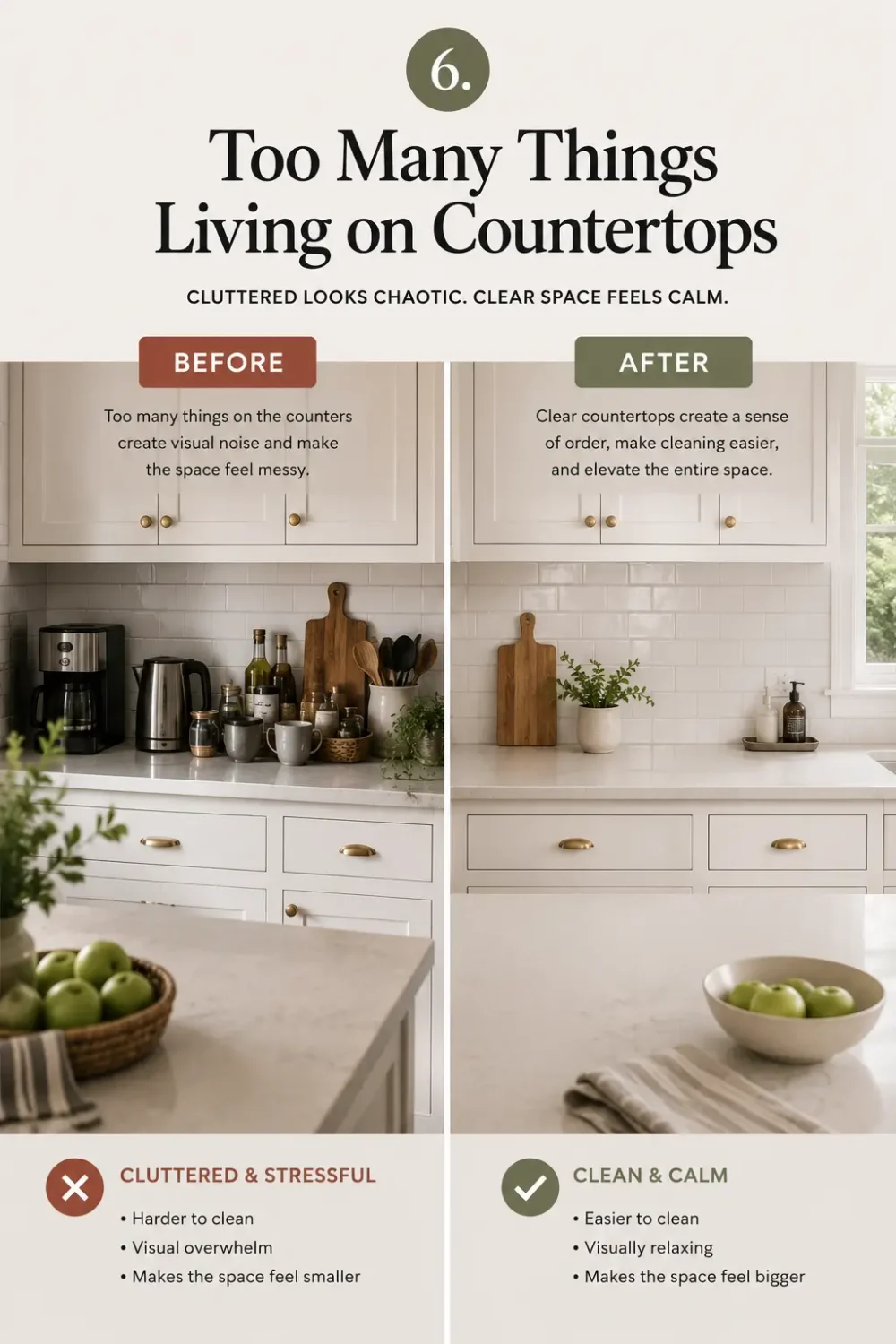 Before and after kitchen design showing cluttered countertops filled with everyday items compared to a minimalist, organized counter that feels cleaner and more spacious.