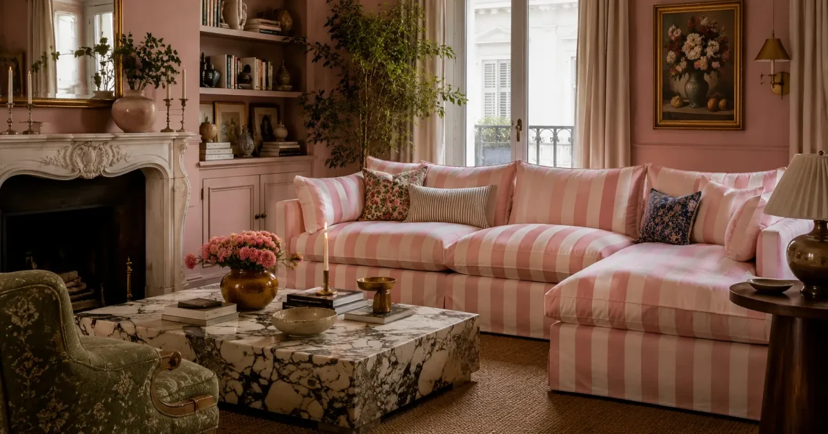 Elegant living room featuring a pink striped sofa, marble coffee table, vintage-inspired decor, fresh flowers, and soft natural light. The space combines several of Pinterest's biggest decor trends, including colorful interiors, statement upholstery, collected decor, and cozy, personality-filled living spaces.