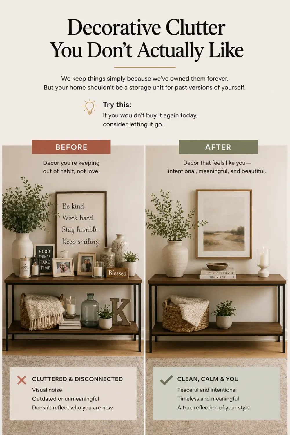 entryway console before and after decorative declutter 