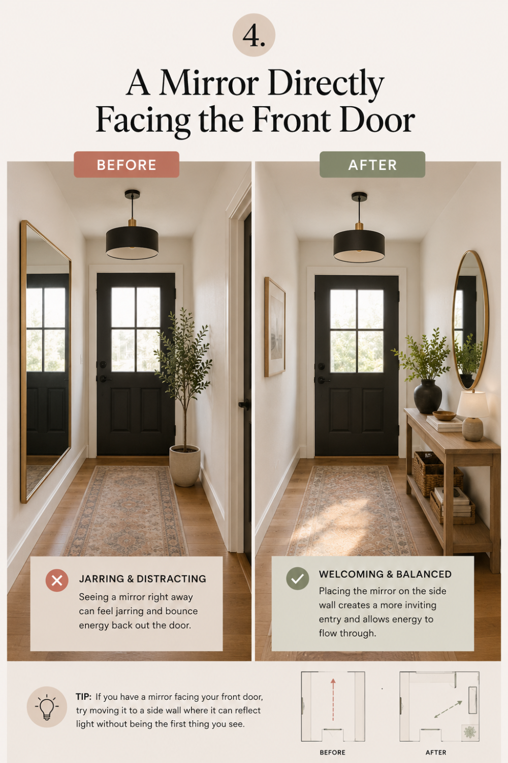 Before and after entryway design showing a mirror facing the front door compared with a mirror moved to a side wall, creating a more inviting and visually balanced entrance.