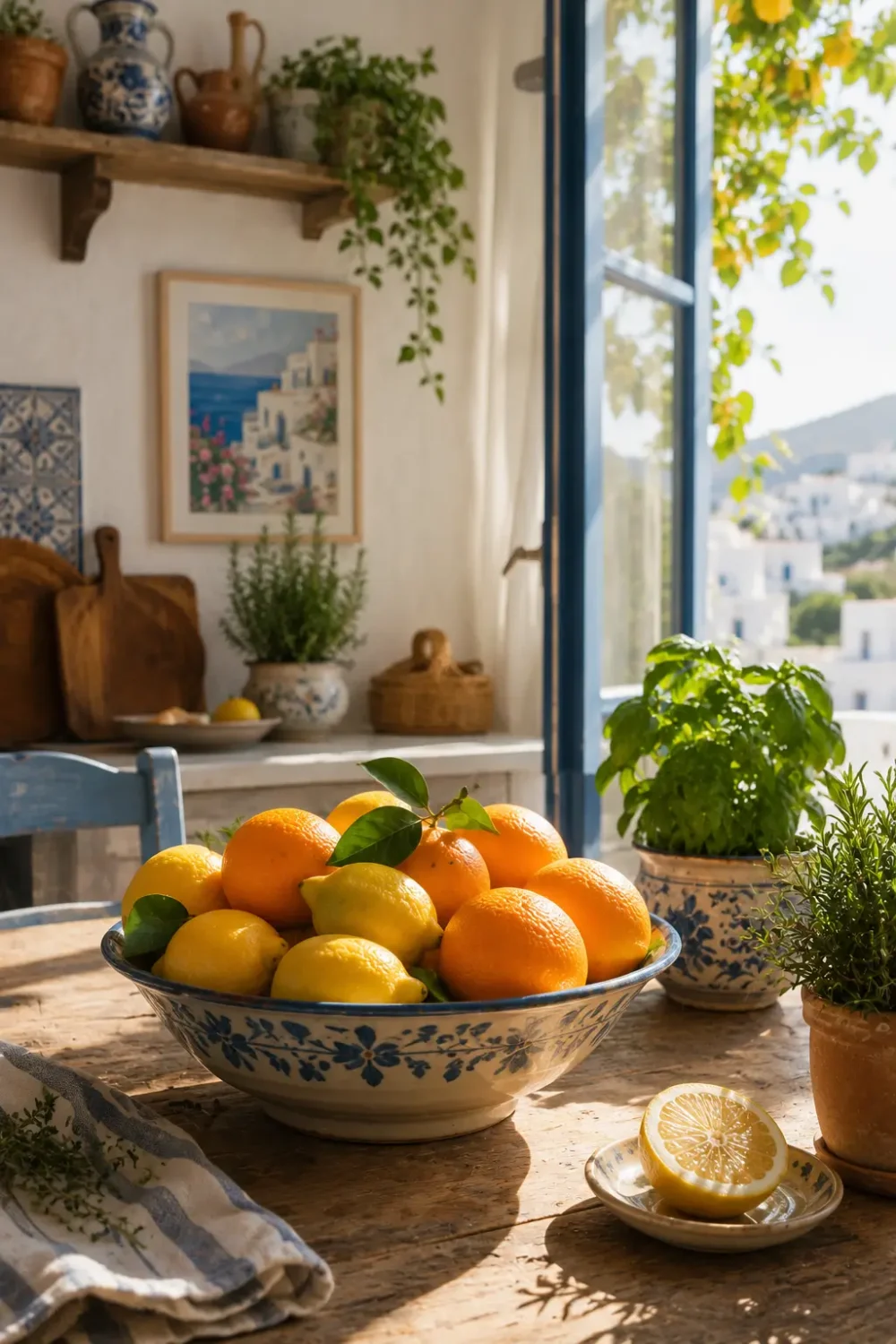 A bowl of fresh lemons and oranges on a rustic kitchen table surrounded by basil and rosemary in a Mediterranean style home.