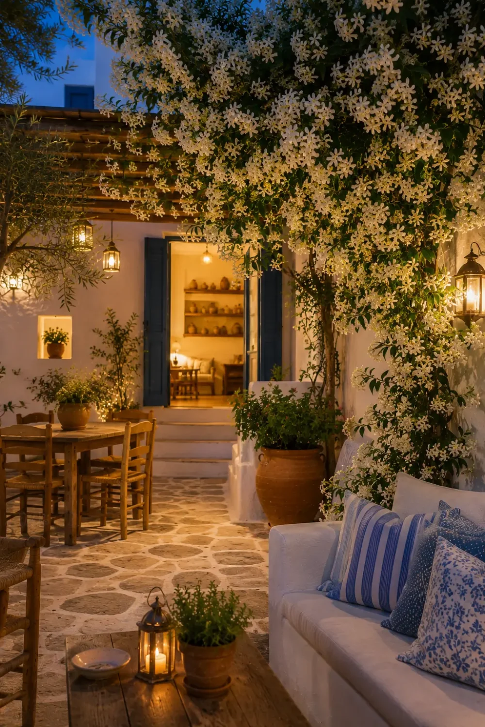A traditional Greek backyard covered in blooming jasmine vines, illuminated by warm lantern light at sunset.