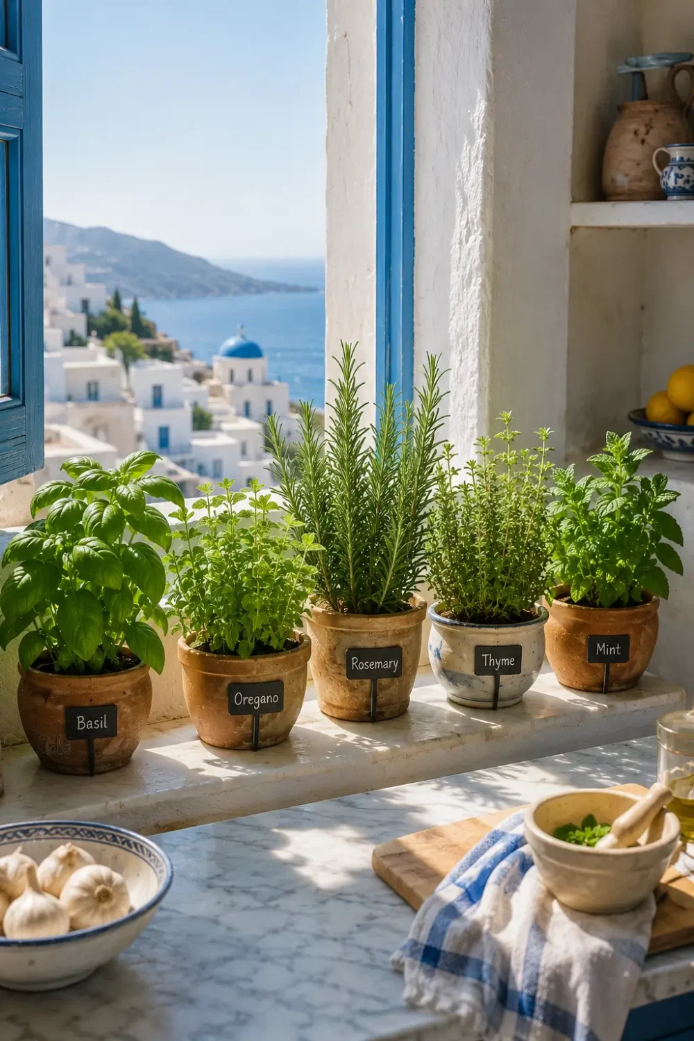Fresh basil, oregano, rosemary, thyme and mint growing in terracotta pots on a sunny windowsill in a Greek island kitchen overlooking the Aegean Sea.