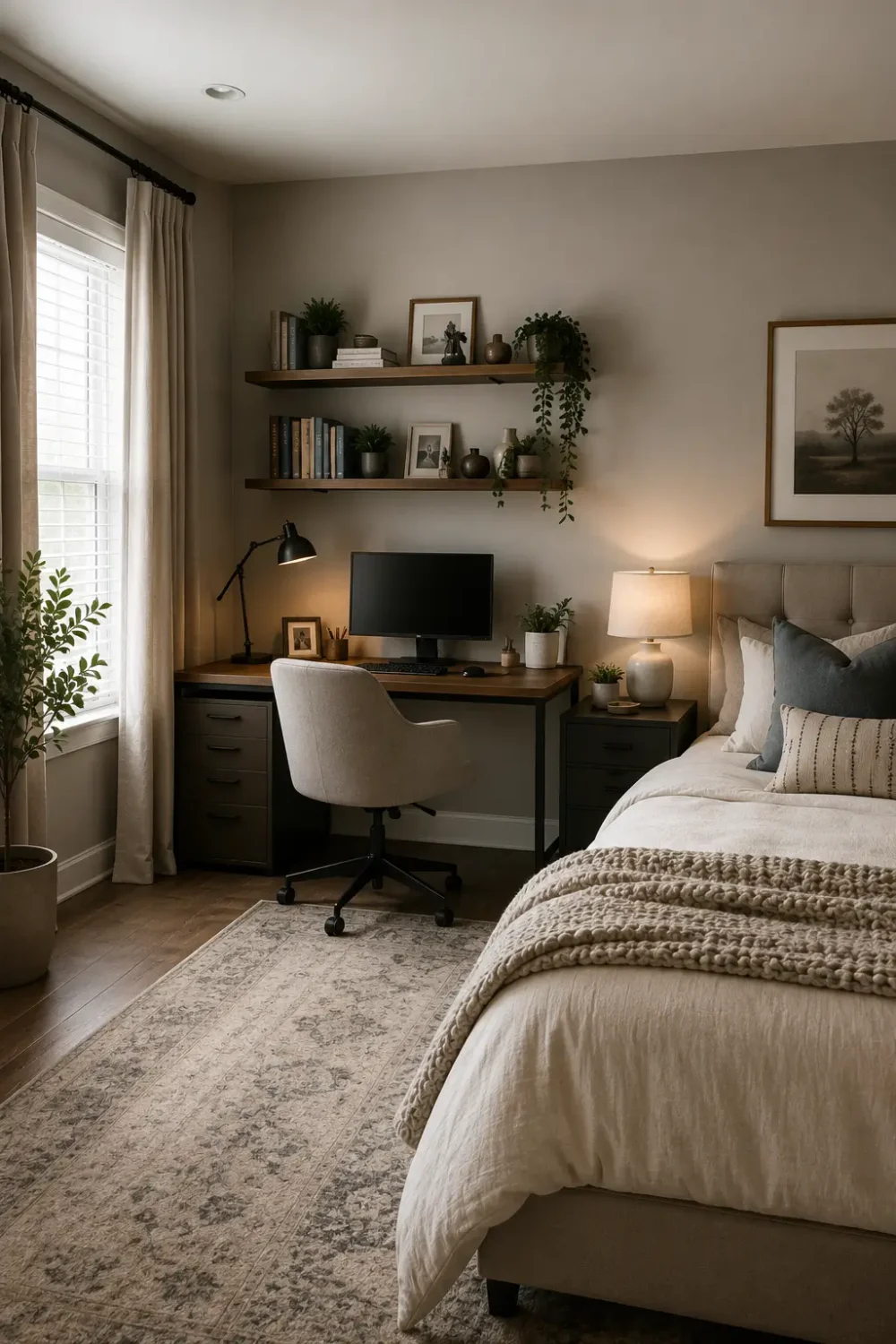 Modern bedroom featuring a workspace with a desk, computer and office chair beside the bed, illustrating a home office setup within a sleeping area.