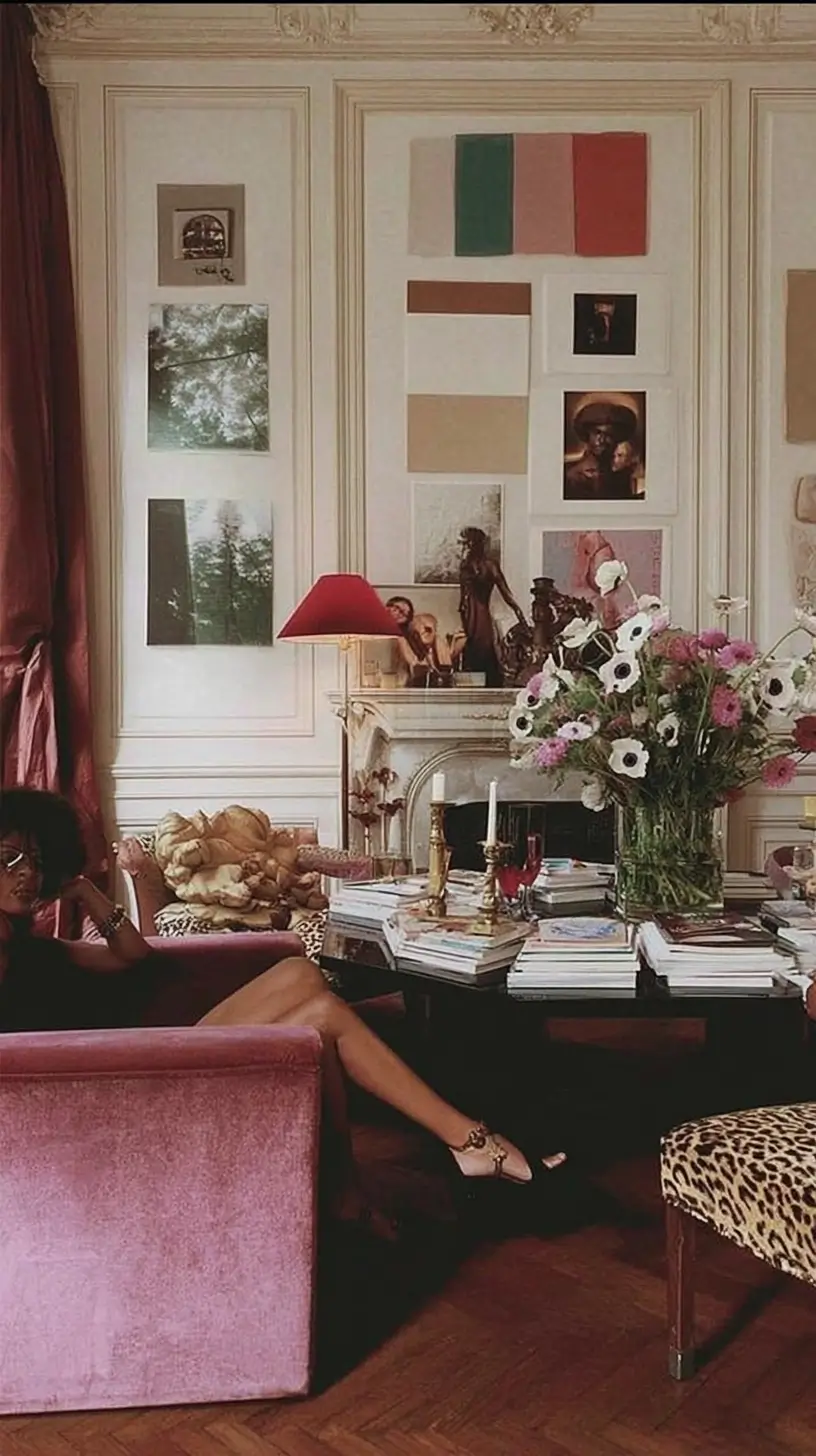 Parisian living room with blush velvet armchairs, a gallery wall, oversized floral arrangement, stacked books, and a leopard-print accent chair.
