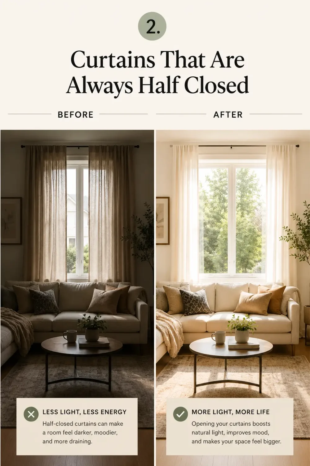 Split image of a living room before and after opening curtains, showing the dramatic difference between a dark interior with partially closed drapes and a bright sunlit space with fully open curtains.