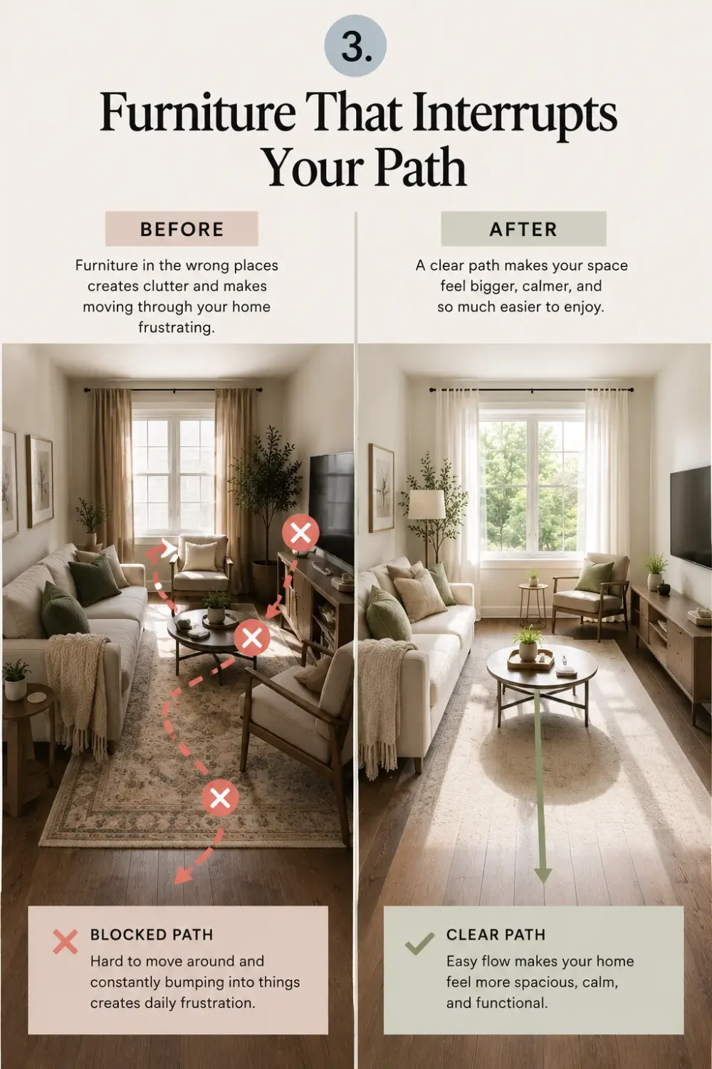 Before and after comparison of a living room showing furniture blocking the walkway versus an optimized layout with clear circulation and a more spacious feel.