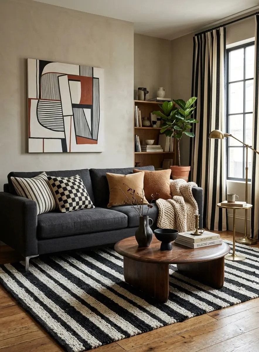 Modern living room with a black sofa, striped curtains, striped area rug, geometric artwork, and warm neutral accents.