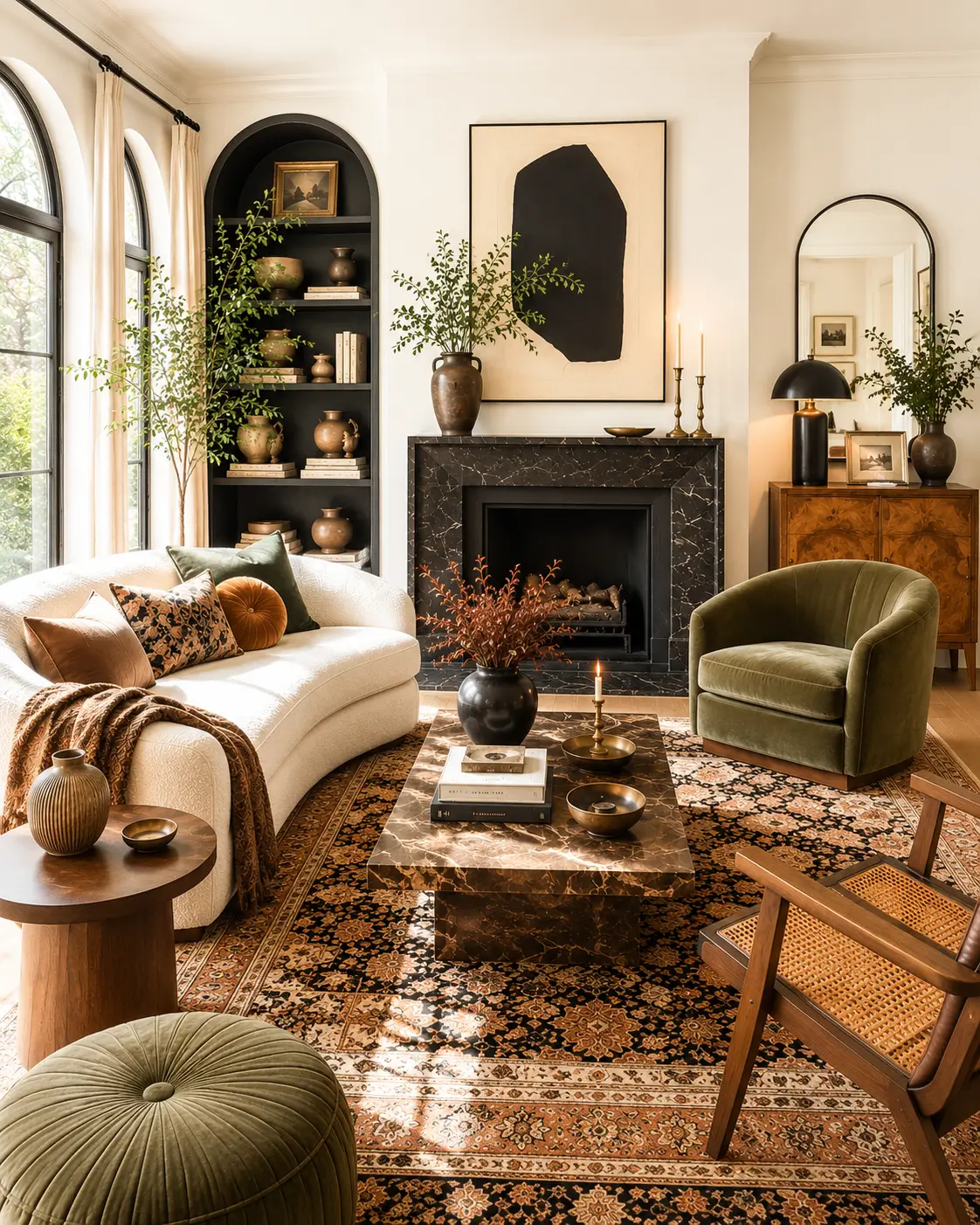 Bright, collected living room with a curved cream sofa, olive green velvet chair, black marble fireplace, vintage Persian-style rug, dark built-in bookshelves, and abundant greenery. Large arched windows flood the space with natural light, while layered textures and warm wood accents create a cozy yet sophisticated atmosphere.