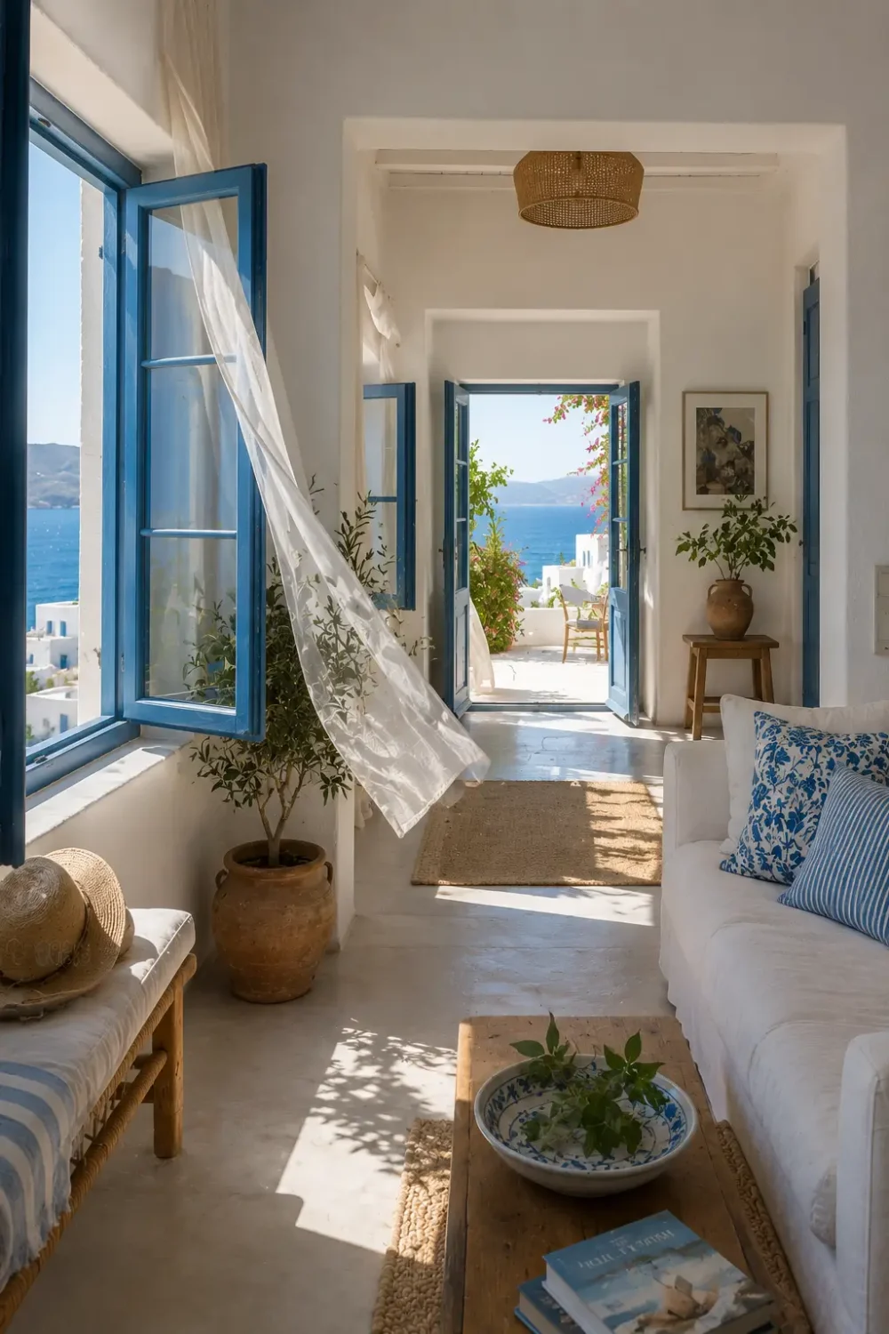 Open windows and doors in a bright Greek island living room allow fresh sea breezes to flow through the home.