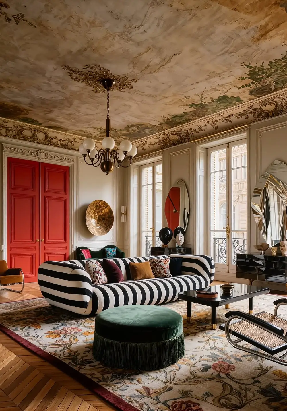 Black-and-white striped sofa in an elegant Parisian living room with ornate ceiling frescoes, red paneled doors, tall French windows, and eclectic contemporary décor.