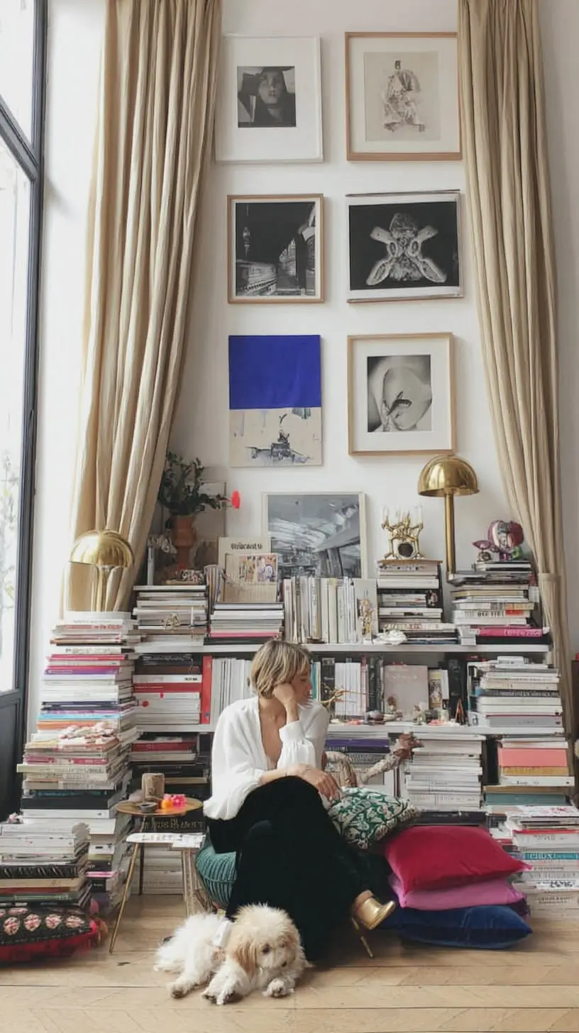 Eclectic Parisian-style living room with a floor-to-ceiling gallery wall, stacked books, brass table lamps, neutral curtains, and colorful floor cushions.