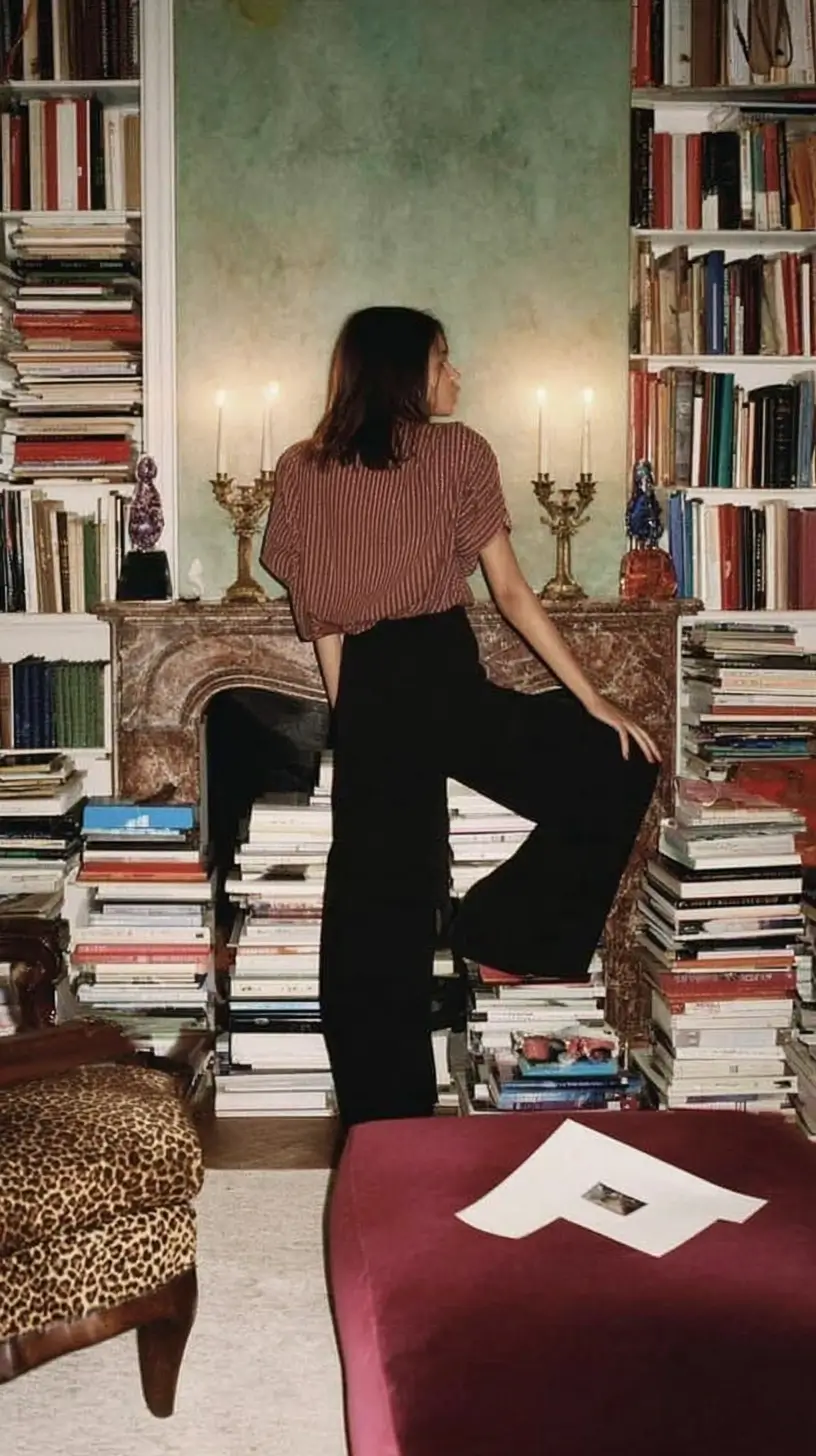 Woman standing in a book-filled Parisian apartment with floor-to-ceiling bookshelves, a marble fireplace, candlelight, and stacks of books surrounding the room.
