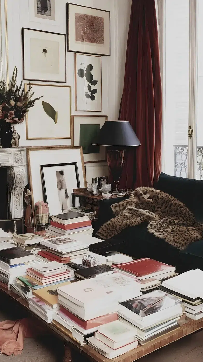 Eclectic Parisian living room with a gallery wall of framed artwork, burgundy velvet curtains, a dark sofa draped with a leopard-print throw, and a coffee table stacked with design books.