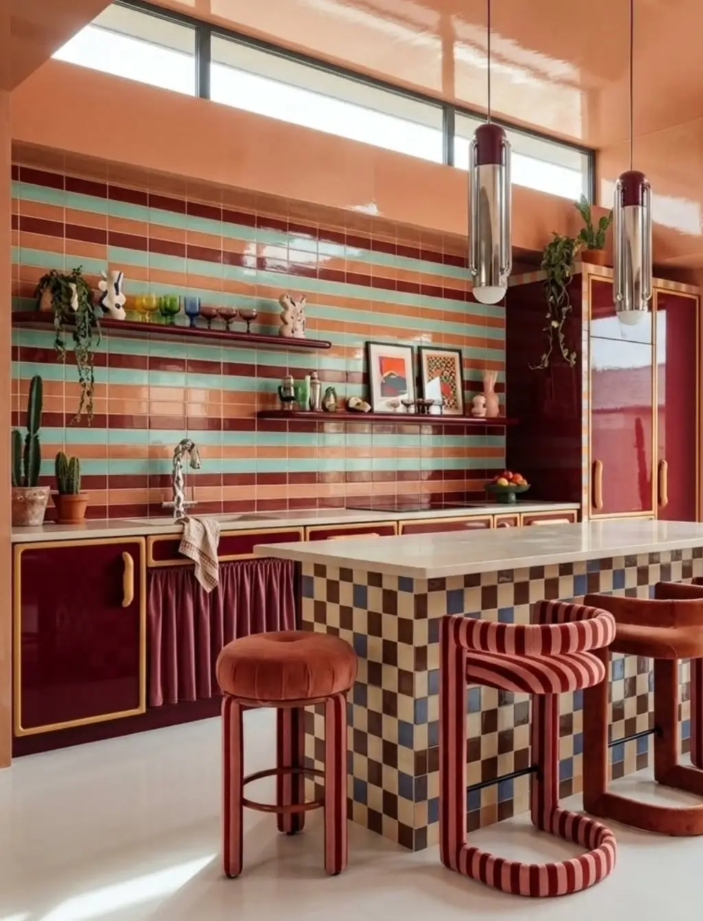 Colorful retro-inspired kitchen with striped tile backsplash, checkerboard island, burgundy cabinetry, and striped velvet bar stools in warm peach and berry tones.