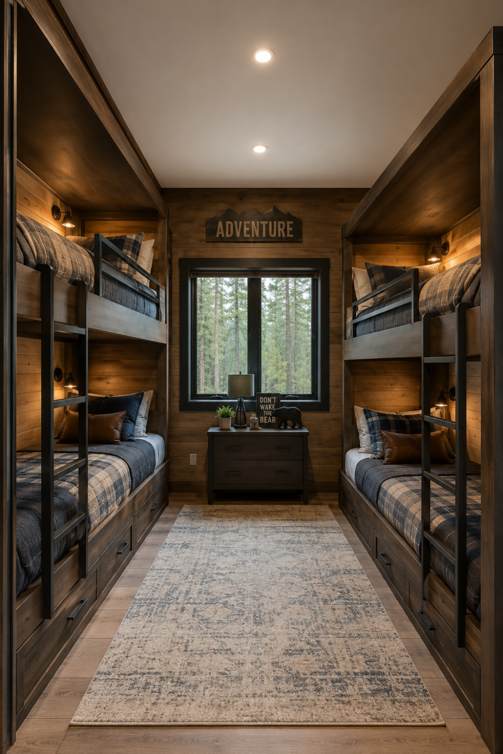 Cozy rustic-modern bunk room featuring built-in wooden bunk beds with storage drawers, plaid bedding, warm wall sconces, wood-paneled walls, and a large window overlooking a forest landscape.