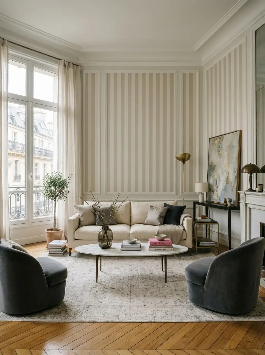 Elegant Parisian living room with subtle beige striped wallpaper, neutral furnishings, marble coffee table, and classic architectural details.