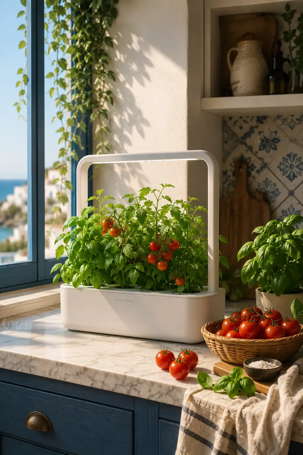 Click & Grow Smart Garden 9 growing cherry tomatoes and basil on a sunny Mediterranean-inspired kitchen counter.