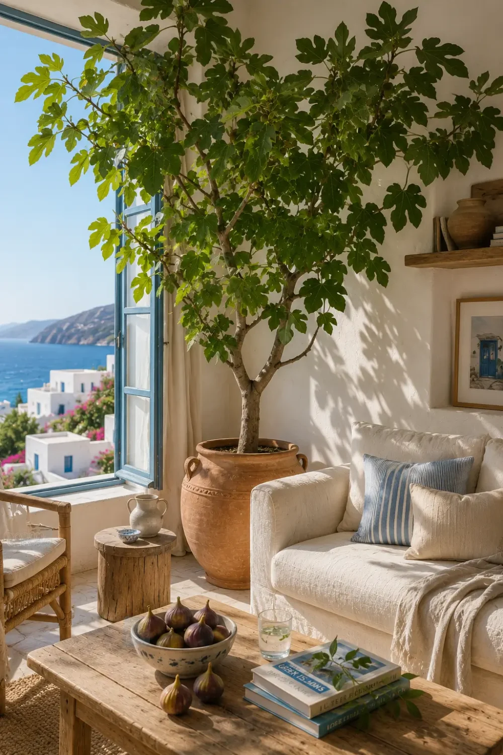 A bright summer living room with a large indoor fig tree, linen furniture and Mediterranean-inspired decor overlooking the sea.