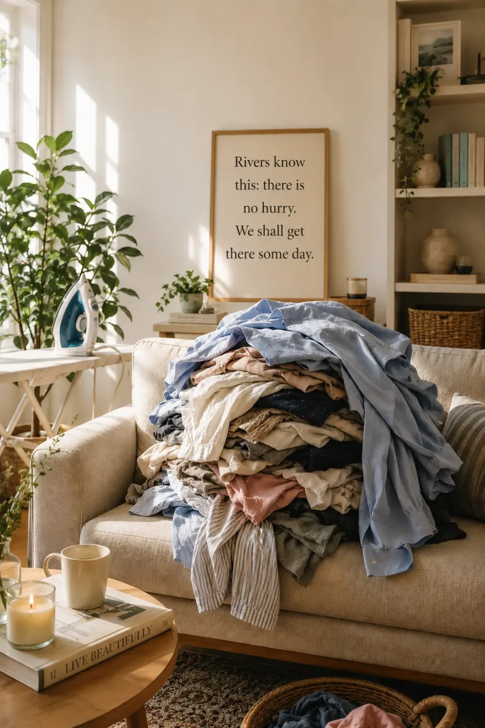 Pile of clothes waiting to be ironed sitting on a living room sofa, highlighting how unfinished chores can take up both physical space and mental energy.