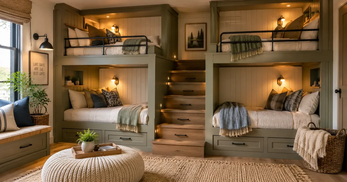 Beautiful built-in bunk room in a vacation home featuring four cozy bunk beds, warm wood accents, integrated storage, soft lighting, and a comfortable gathering space designed for family and guests.