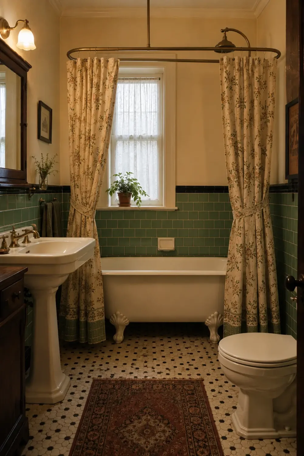 Vintage bathroom with clawfoot tub, floral shower curtain open to both sides, brass shower rod surrounding the tub, green subway tiles, pedestal sink, and warm ambient lighting.