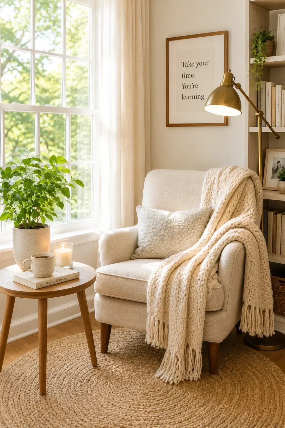 Cozy reading nook by a window with an armchair, reading lamp, candle and potted plant, creating a peaceful corner designed for relaxation and quiet moments.