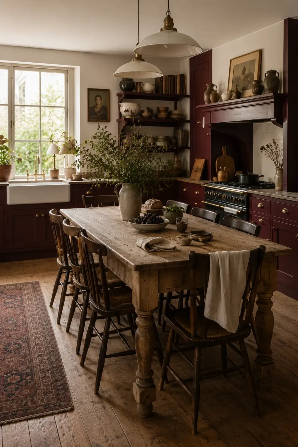 Burgundy unfitted kitchen with a large farmhouse table, freestanding cabinetry, vintage chairs, brass hardware, and a traditional range cooker.