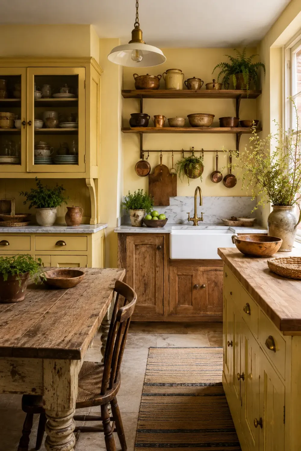 Butter yellow unfitted kitchen with painted cabinetry, oak worktable, marble countertop, brass hardware, open shelving, and vintage copper cookware.