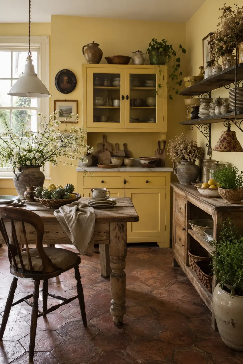 Butter yellow unfitted Victorian kitchen with a vintage dresser, rustic farmhouse table, open shelving, antique lamp, and collected heirloom decor.