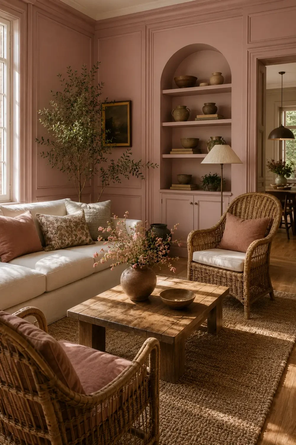 Dusty pink living room with a contemporary linen sofa, vintage wicker chairs, reclaimed wood coffee table, and layered natural textures.