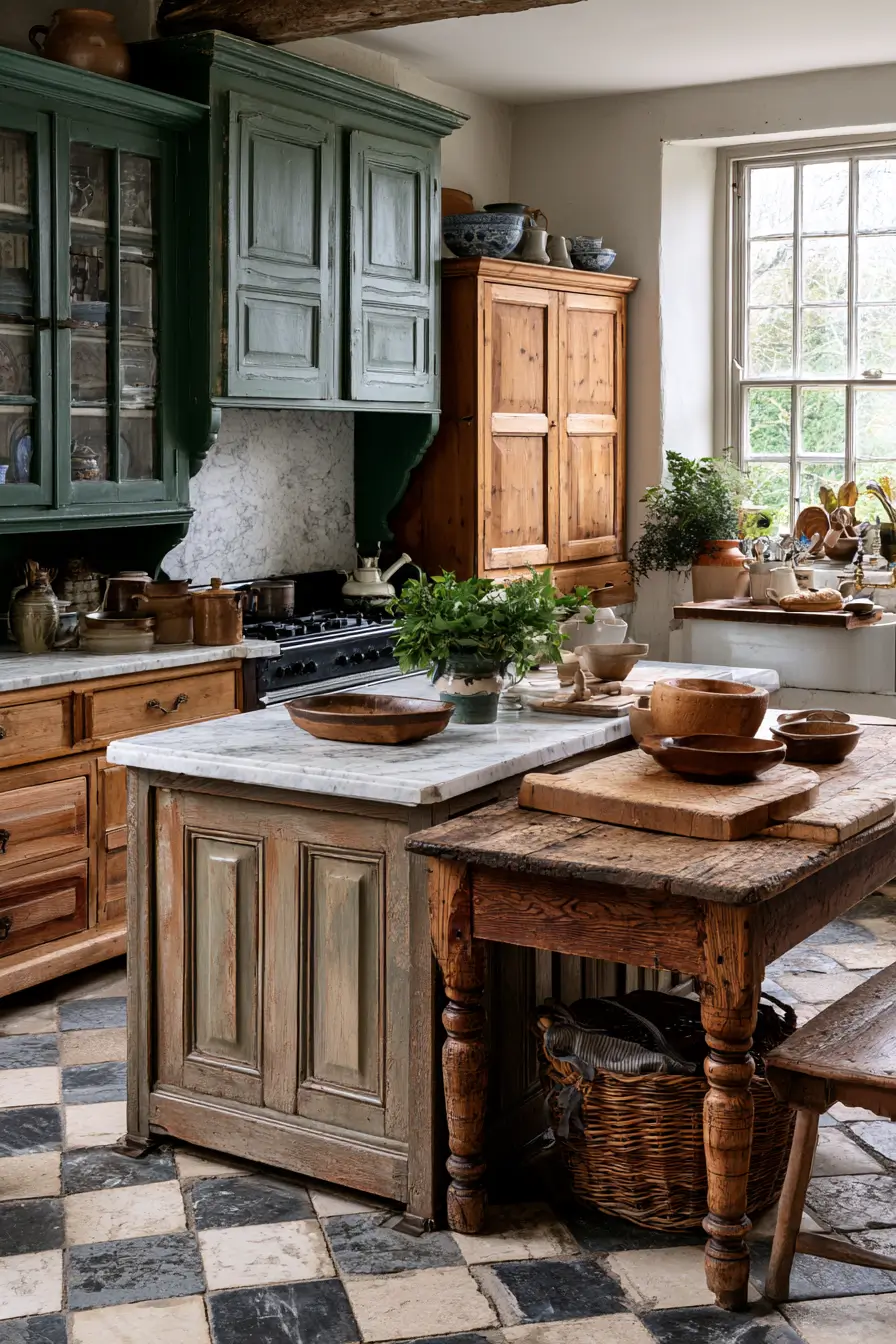 Traditional unfitted Victorian kitchen with painted green cabinetry, freestanding pine cupboard, marble-topped island, rustic butcher's table, and checkerboard stone flooring.