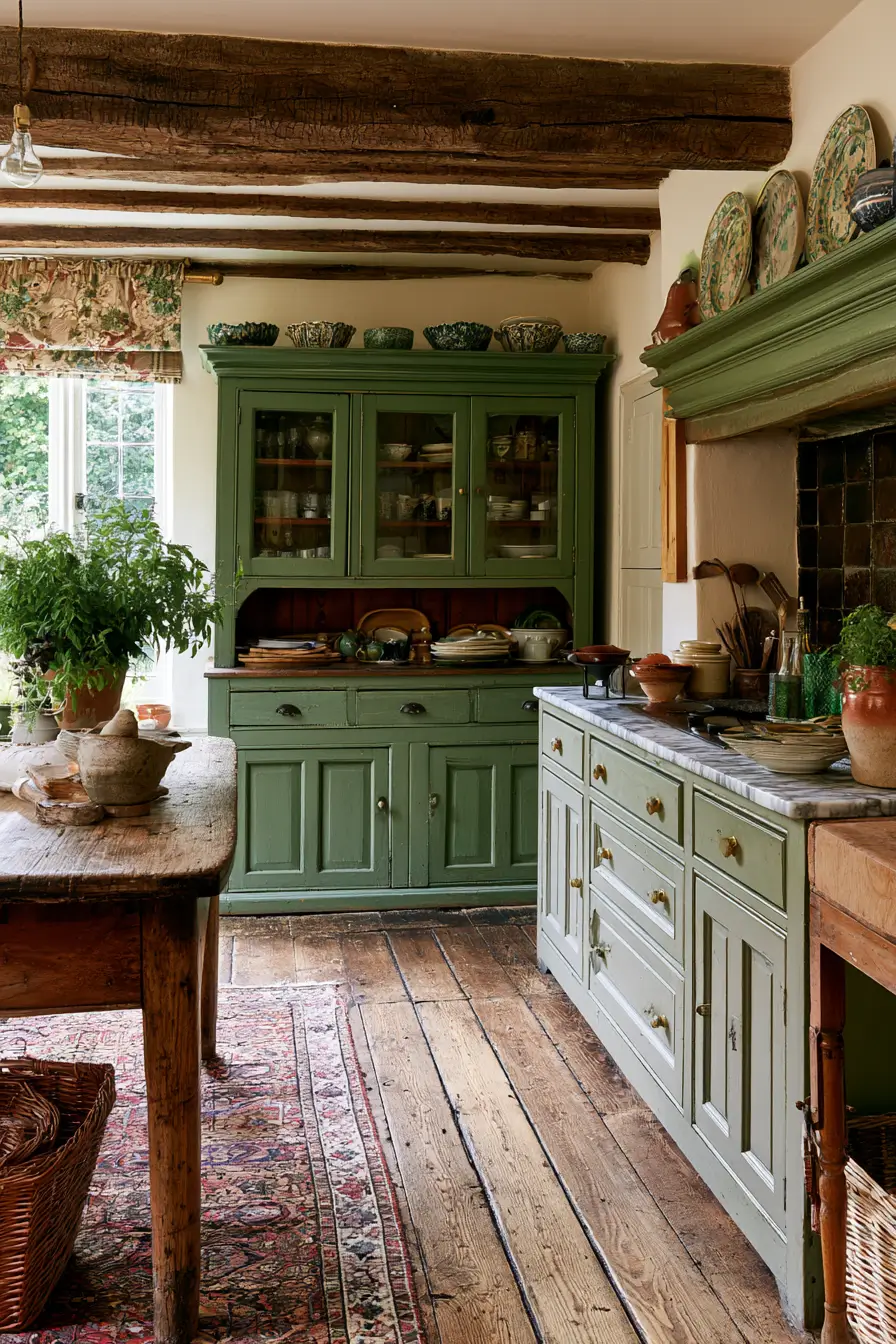 Traditional green unfitted Victorian kitchen with a freestanding dresser, farmhouse worktable, marble countertop, exposed timber beams, and original wooden floors.
