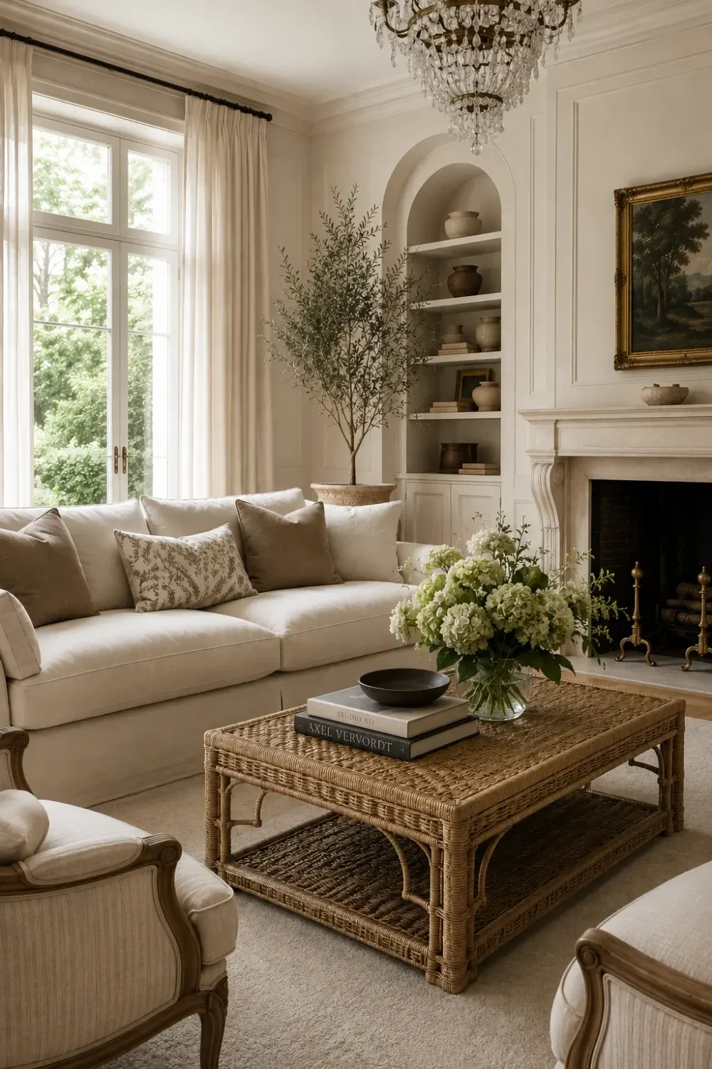 Luxury living room with a Belgian linen sofa, wicker coffee table, crystal chandelier, marble fireplace, and warm neutral decor.