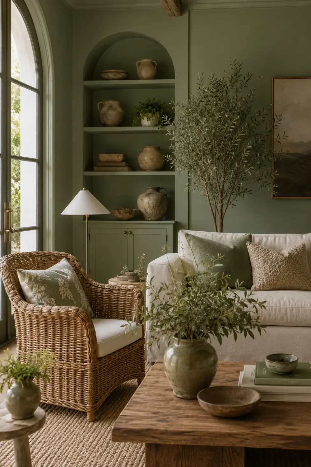 Sage green living room with a wicker armchair, cream linen sofa, rustic wood coffee table, and built-in shelving.