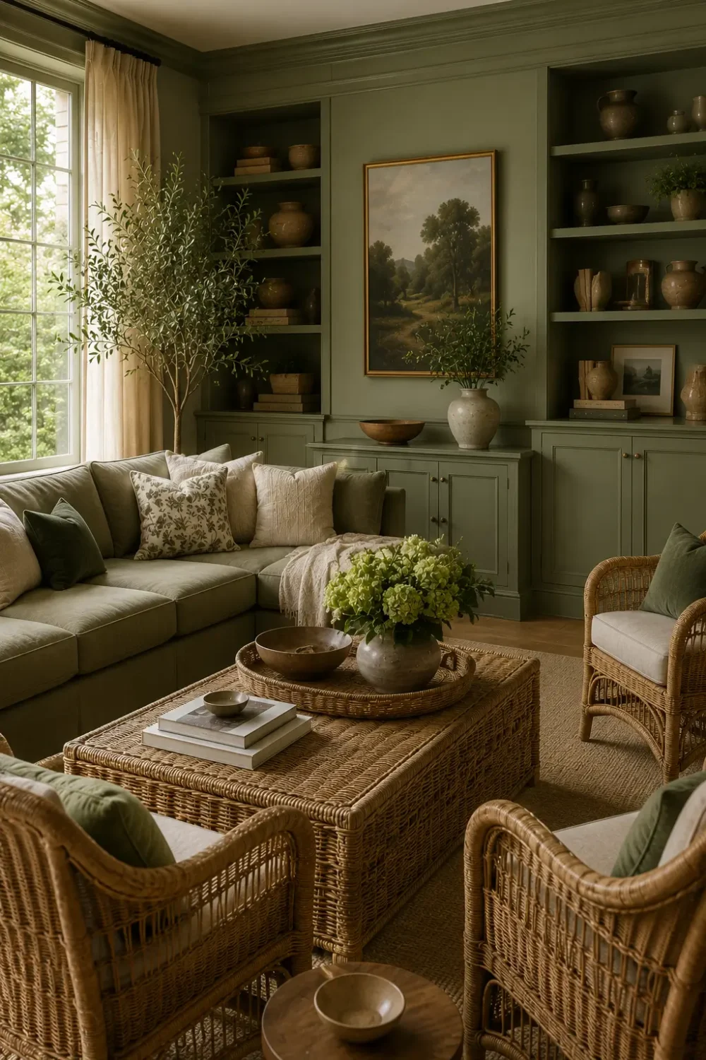 Sage green living room with wicker armchairs, a large sectional sofa, built-in cabinetry, and a woven coffee table.