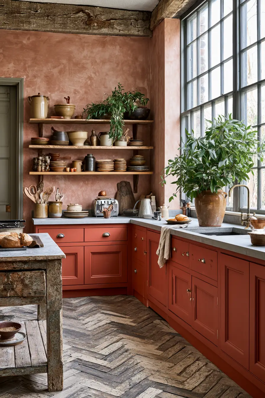 Terracotta Victorian kitchen with open wooden shelves, large steel-framed window, rustic worktable, warm red cabinetry, and herringbone brick flooring.