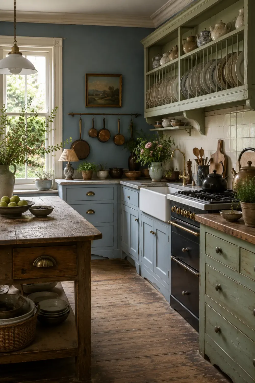 Victorian unfitted kitchen with sky blue walls, pistachio green cabinetry, a traditional plate rack, farmhouse sink, and freestanding wooden worktable.