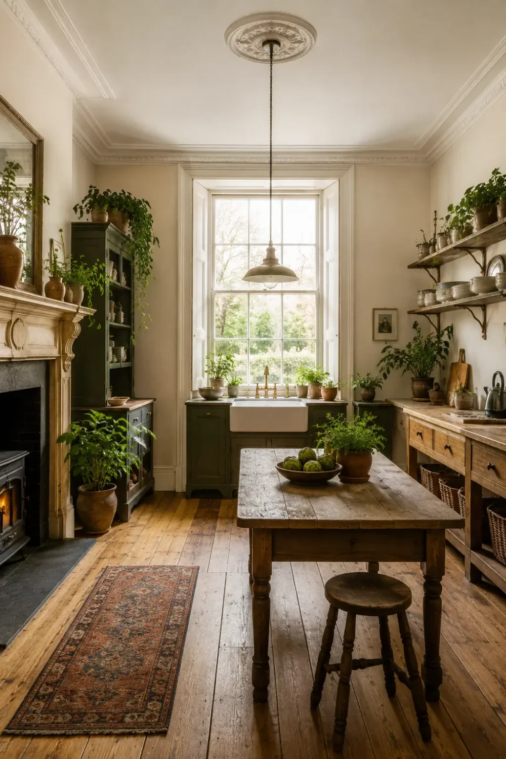 Bright Victorian unfitted kitchen with a farmhouse worktable, freestanding cabinetry, open shelves, original fireplace, and large sash window.