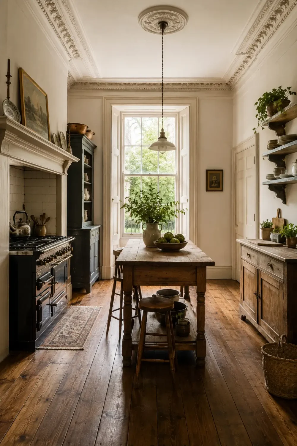 Elegant Victorian unfitted kitchen with high ceilings, decorative cornices, sash window, freestanding wooden furniture, original fireplace, and timber flooring.