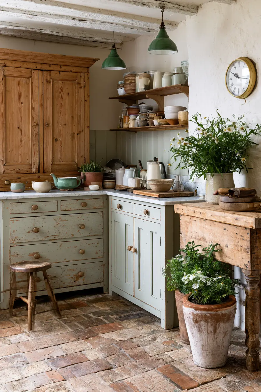 Cozy unfitted Victorian kitchen with open wooden shelves, freestanding pine cupboard, painted cabinetry, rustic worktable, and reclaimed brick flooring.