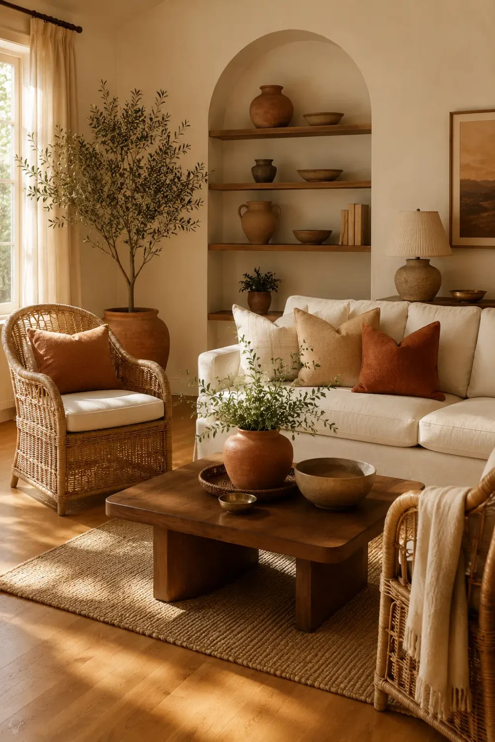 Warm neutral living room with wicker armchairs, a cream linen sofa, terracotta pottery, walnut coffee table, and honey oak floors.